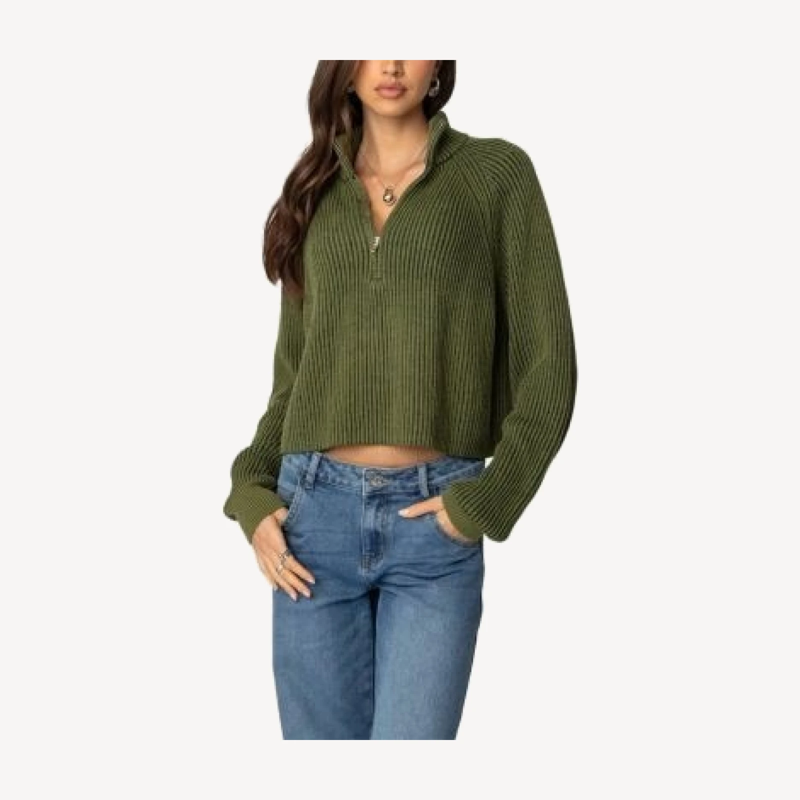 Edikted Cropped Rib Knit Half Zip Sweater