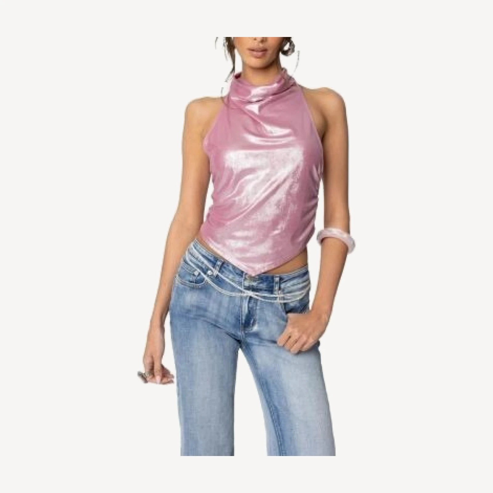 Edikted Shiny Backless Cowl Neck Top