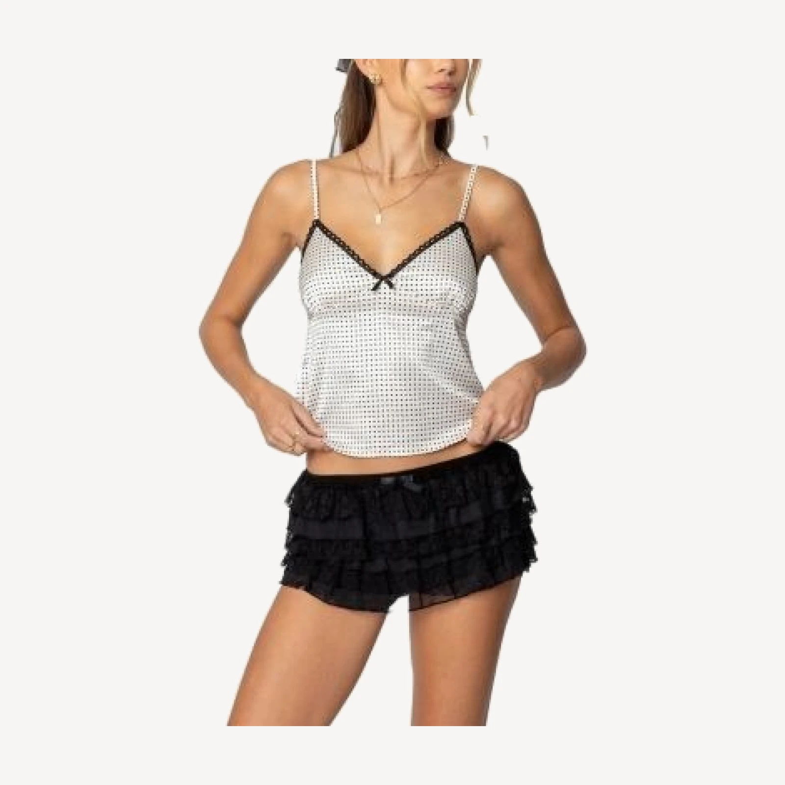 Edikted Polka Dot Satin Lace Trim Top