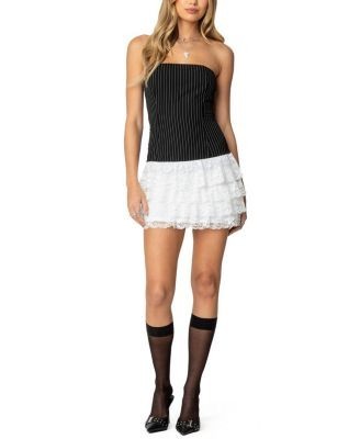Edikted Strapless Pinstripe Ruffle Skirt Mini Dress