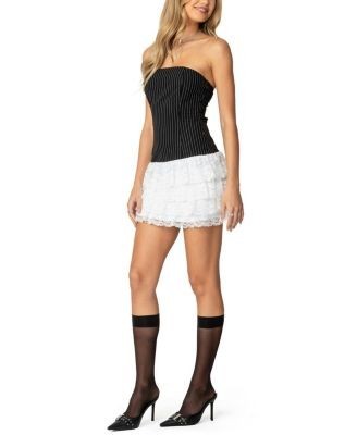 Edikted Strapless Pinstripe Ruffle Skirt Mini Dress