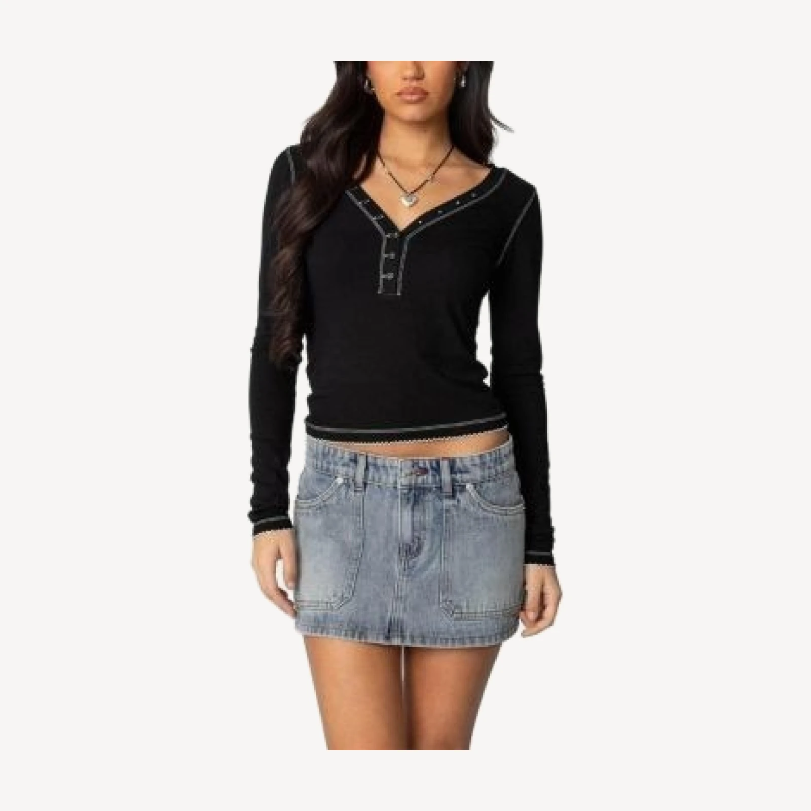 Edikted Yael Contrast Stitch Henley Top