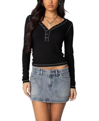 Edikted Yael Contrast Stitch Henley Top