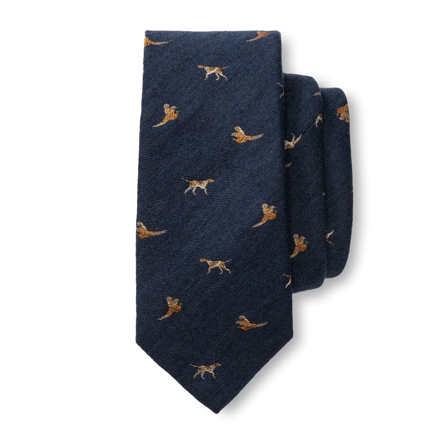 Wool Silk Dog & Pheasant Motif Tie - Indigo Blue