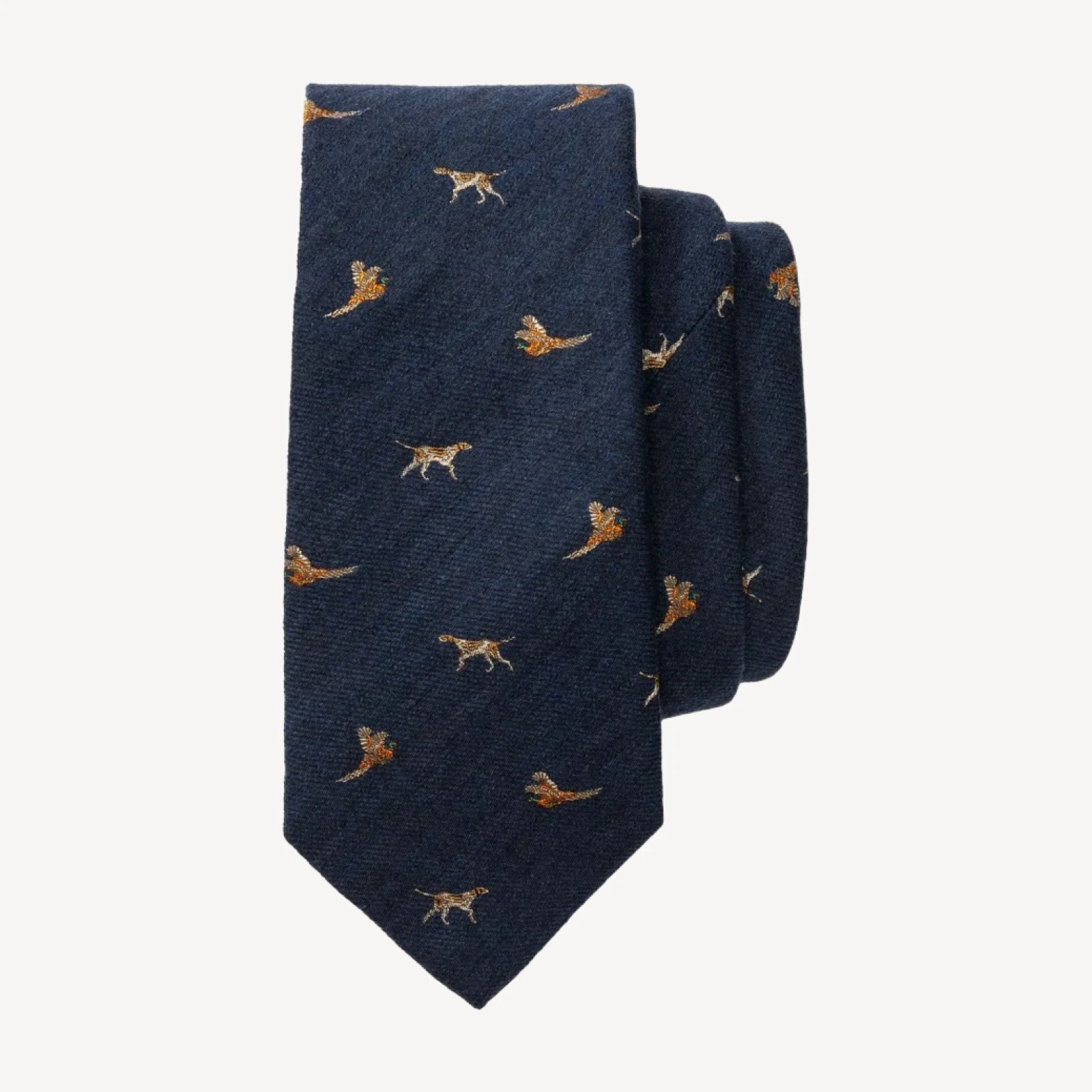 Wool Silk Dog & Pheasant Motif Tie - Indigo Blue