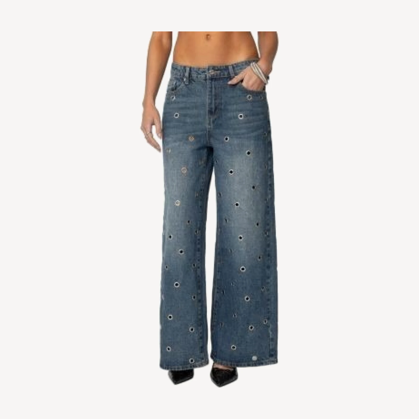 Edikted Jainie Grommet Low Rise Blue Wash Jeans