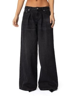 Edikted Pleated Detail Low Rise Jeans in Black