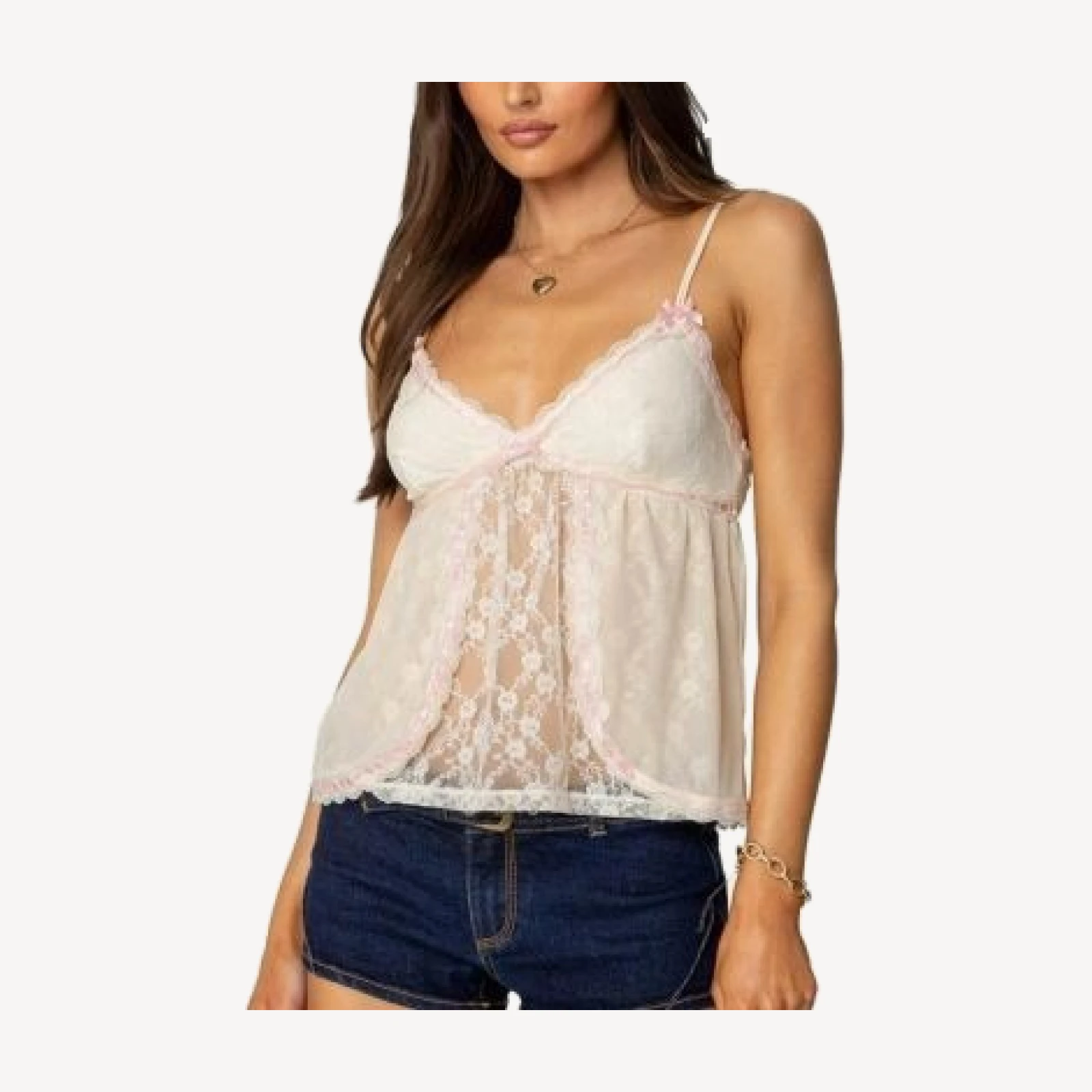 Edikted Ribbon Sheer Lace Babydoll Top