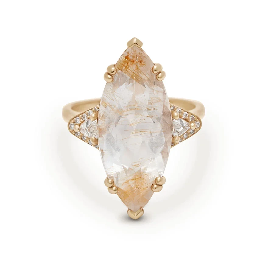Marquise Bea Halo Ring - 14k Yellow Gold, Quartz & White Diamond