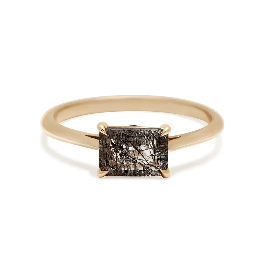 Bea East/West Solitaire Ring - 14k Gold & Black Rutilated Quartz (7x5mm)
