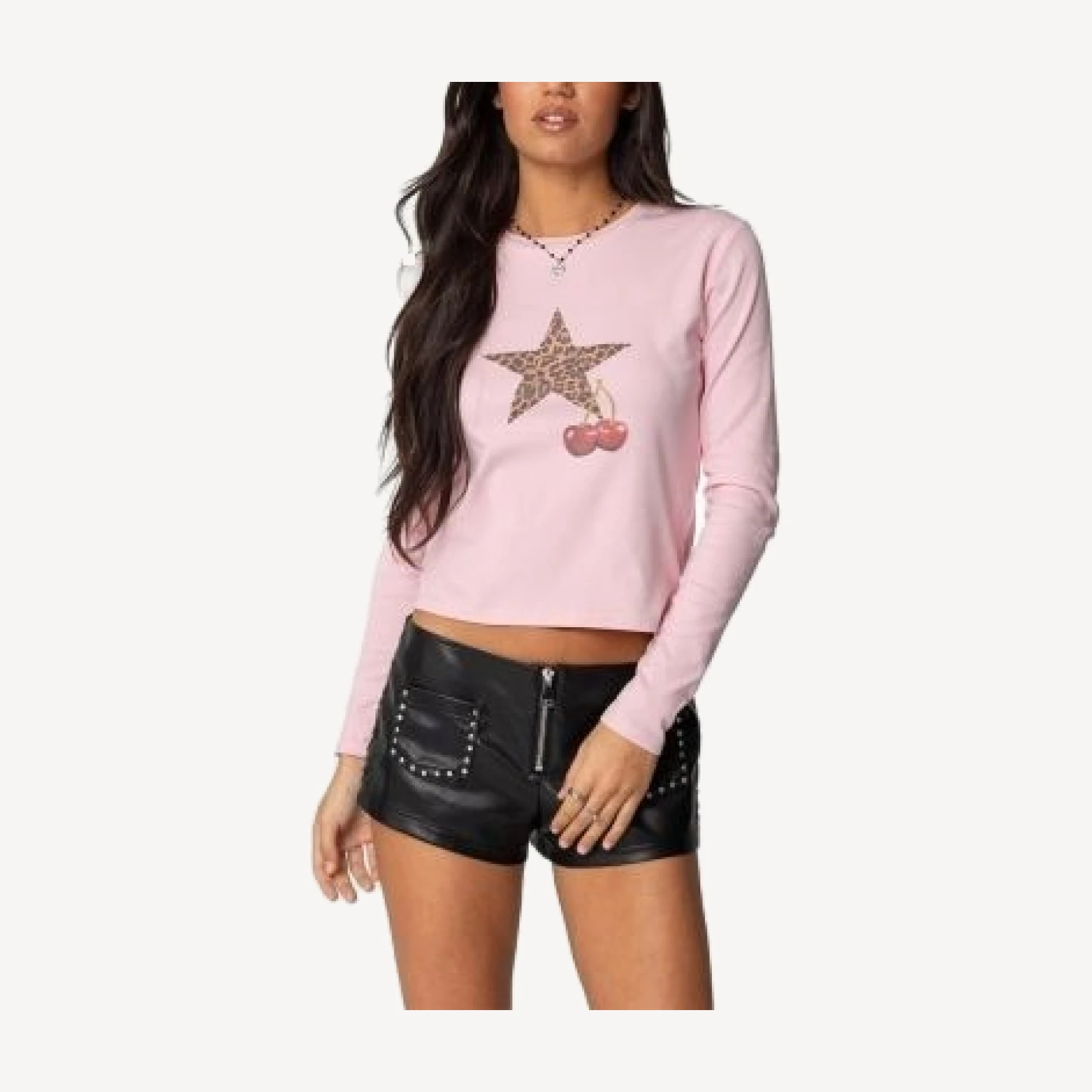 Edikted Cherry Leopard Star Long Sleeve T Shirt
