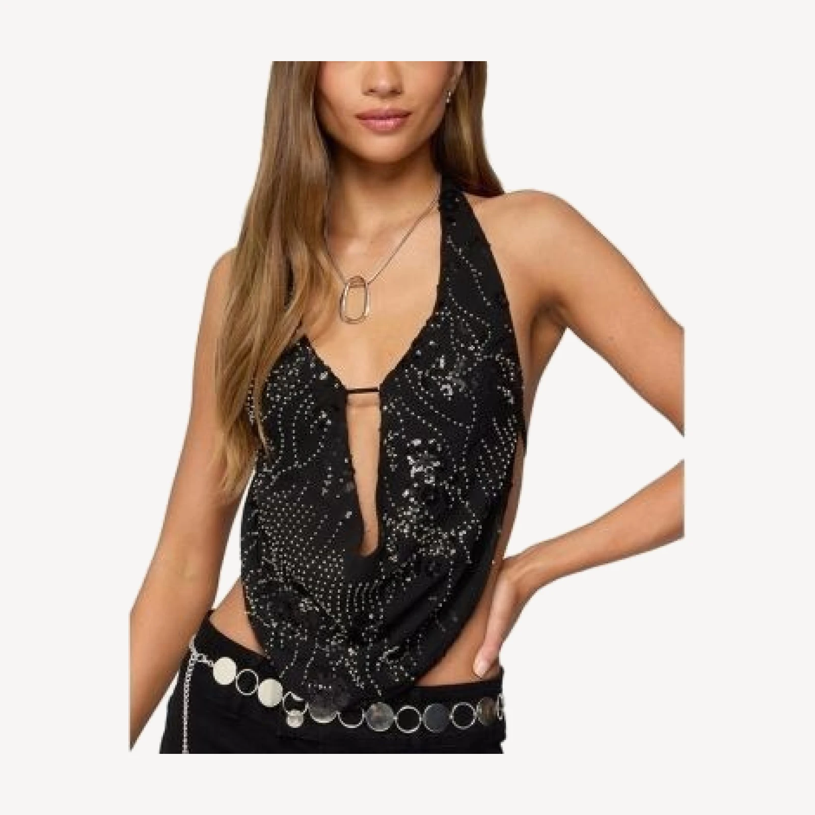Edikted Beaded Chiffon Backless Cowl Neck Top