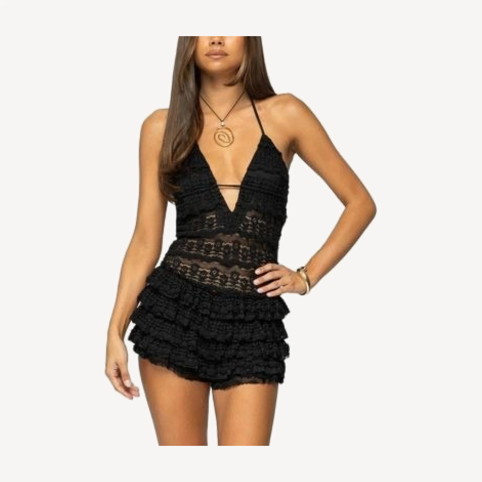Edikted Lanney Ruffled Sheer Lace Romper