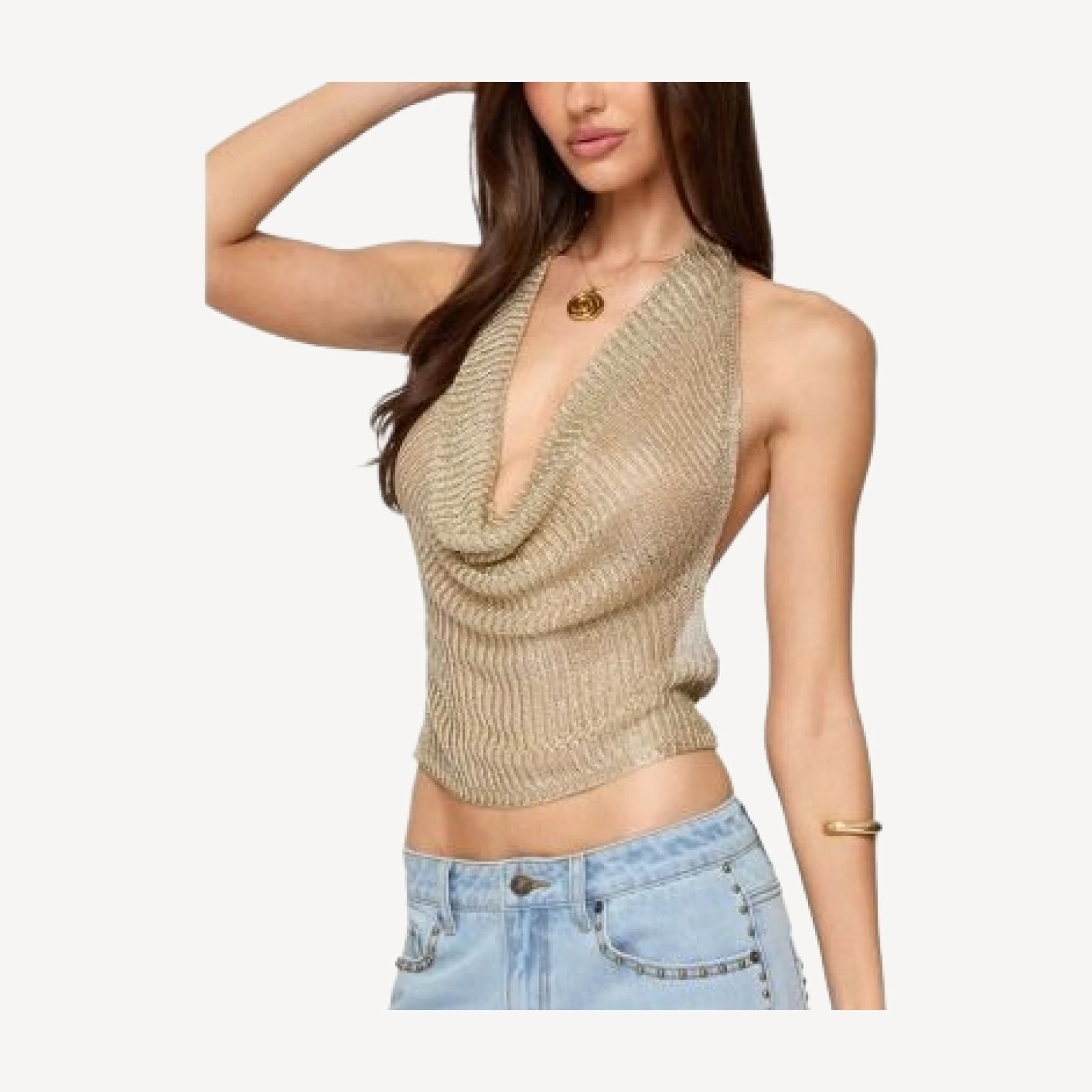 Edikted Shiny Knit Cowl Neck Backless Top