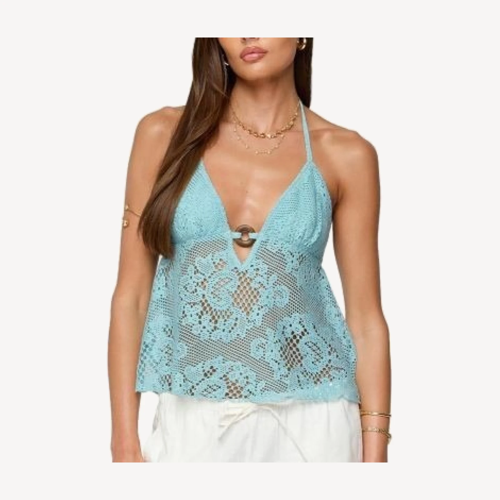 Edikted Sheer Crochet Babydoll Halter Top