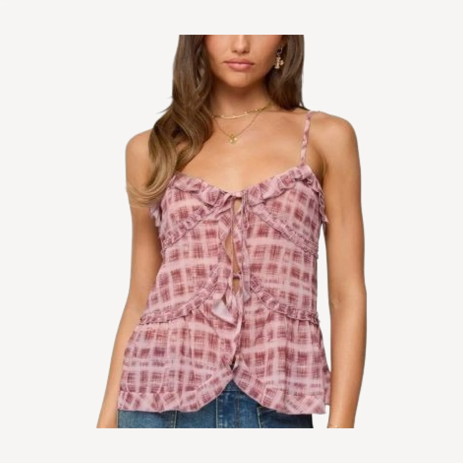 Edikted Chiffon Printed Tie Front Ruffle Top