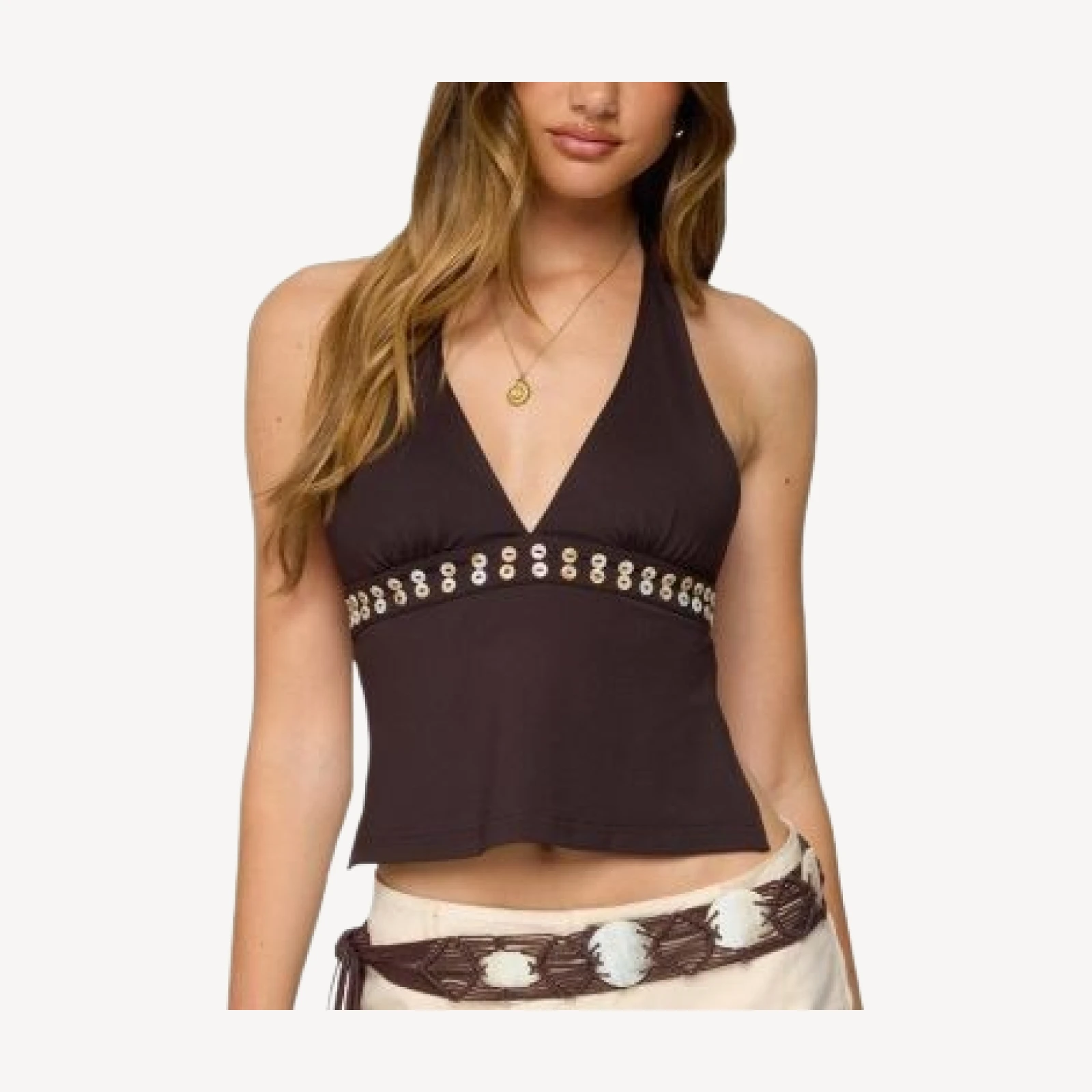 Edikted Pearlsy Button Backless Halter Top