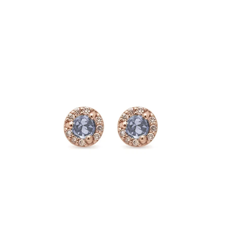 Rosette Stud Earring (Tiny) PAIR - 14k Gold, Grey Spinel & Champagne Diamonds
