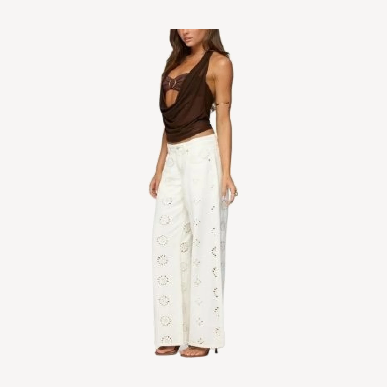 Edikted Eyelet Low Rise Wide Leg Jeans in White Wash