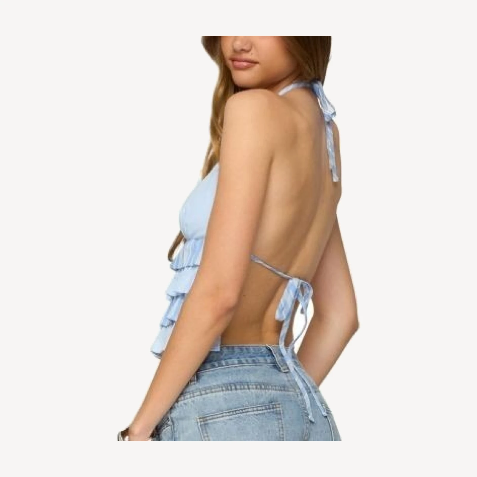 Edikted Tiered Ruffle Backless Striped Halter Top