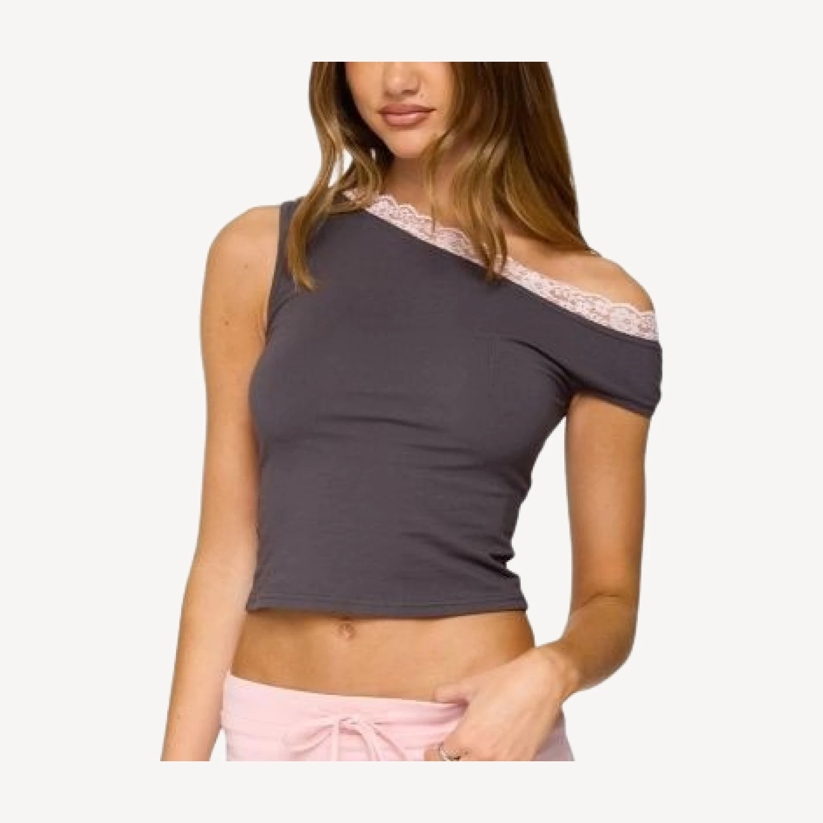 Edikted Contrast Lace Asymmetric Off Shoulder Top