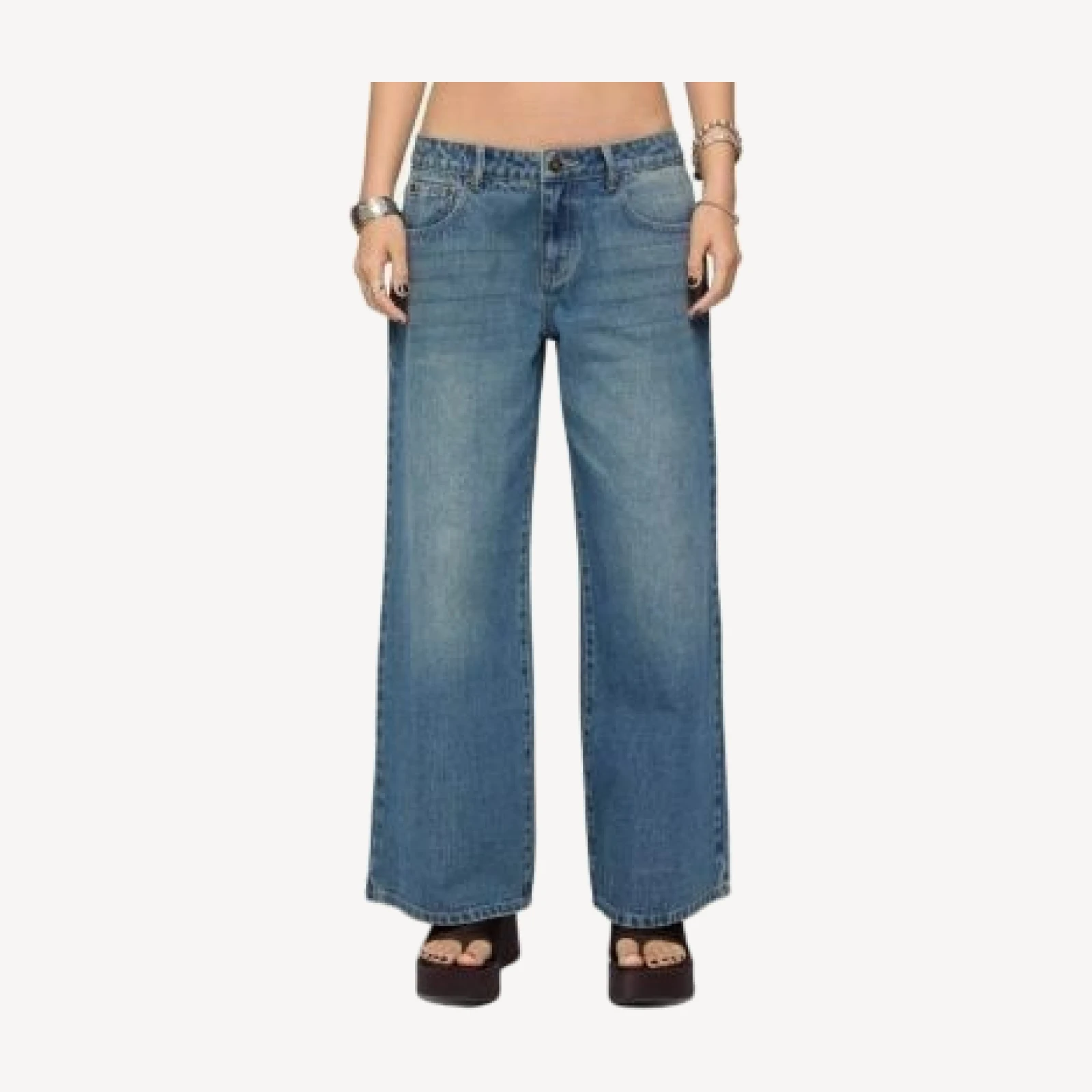 Edikted Petite Vyxen Vintage Washed Low Rise Medium Rinse Wash Jeans