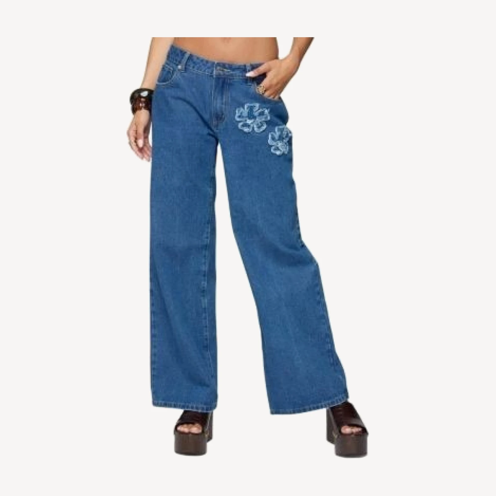 Edikted Flower Patch Low Rise Jeans in Medium Rinse Wash