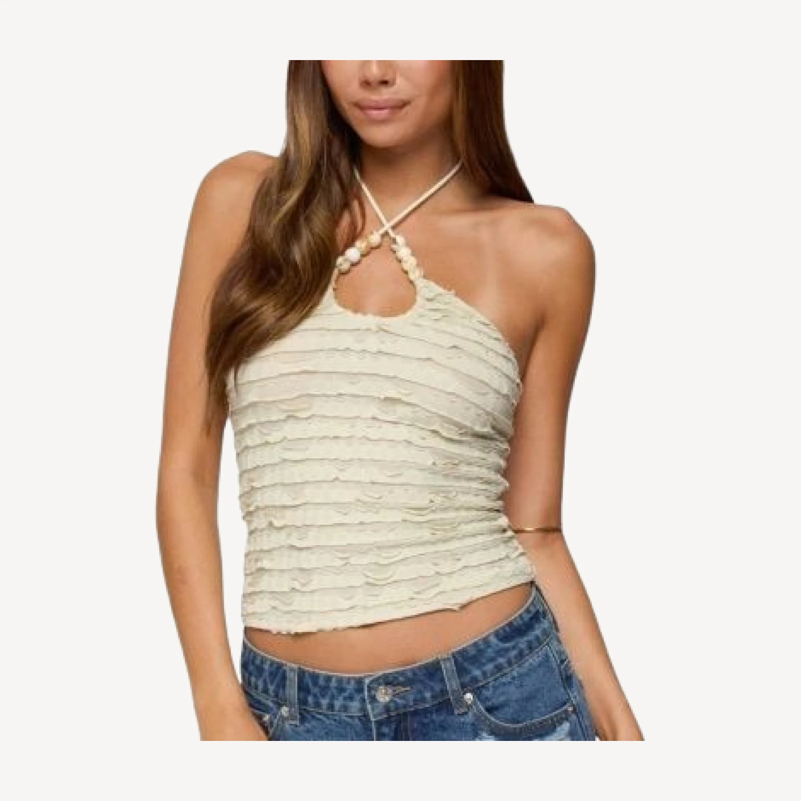 Edikted Criss Cross Bead Ruffled Halter Top