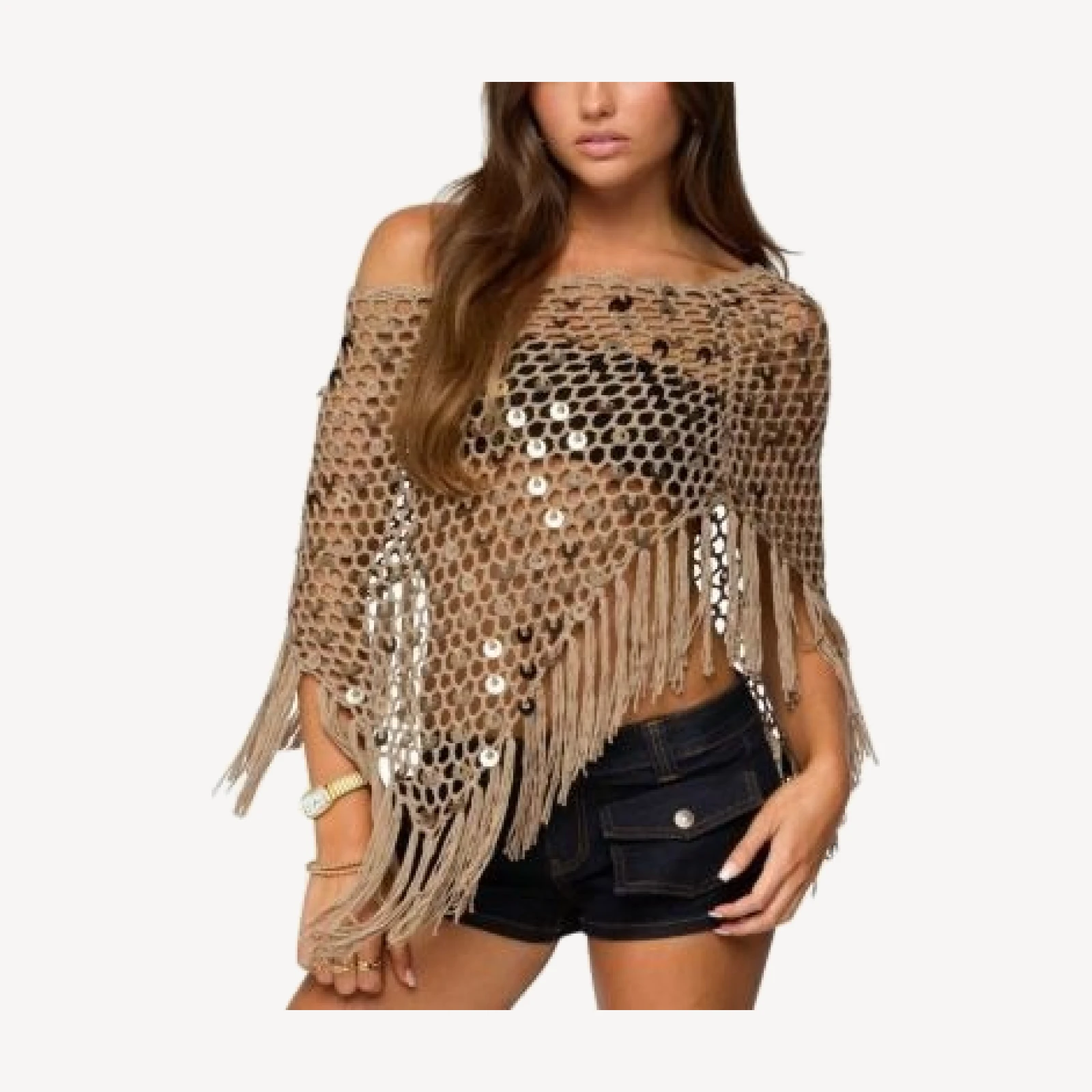 Edikted Fringe Sequin Crochet Poncho