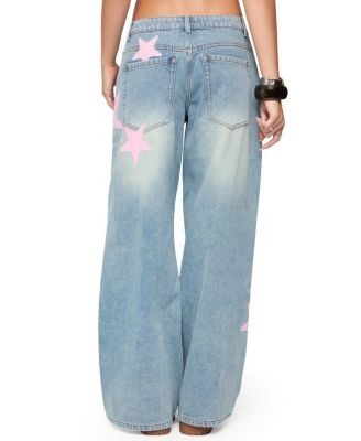 Edikted Trish Satin Effect Stars Low Rise Light Rinse Wash Jeans