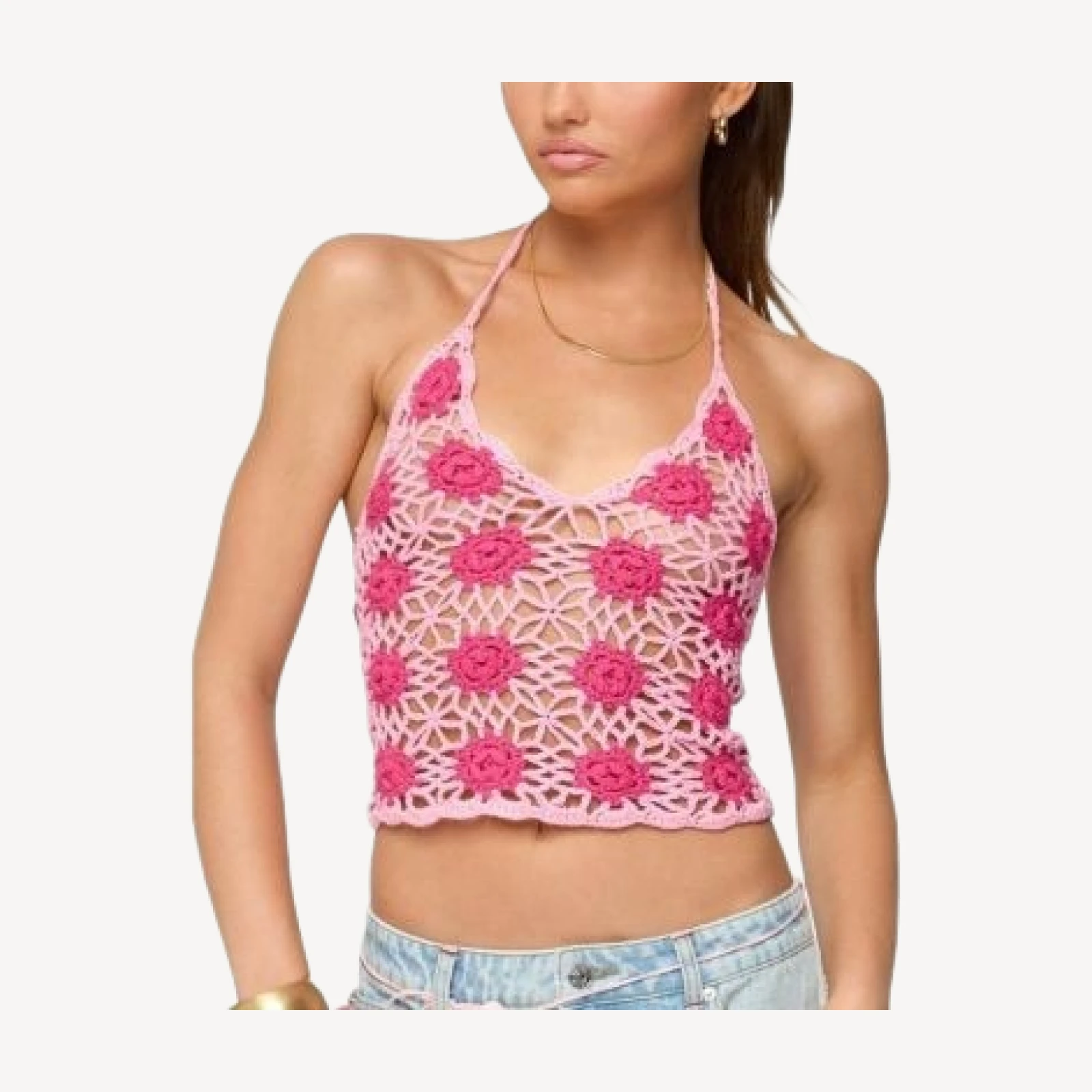 Edikted Contrast Floral Crochet Halter Top