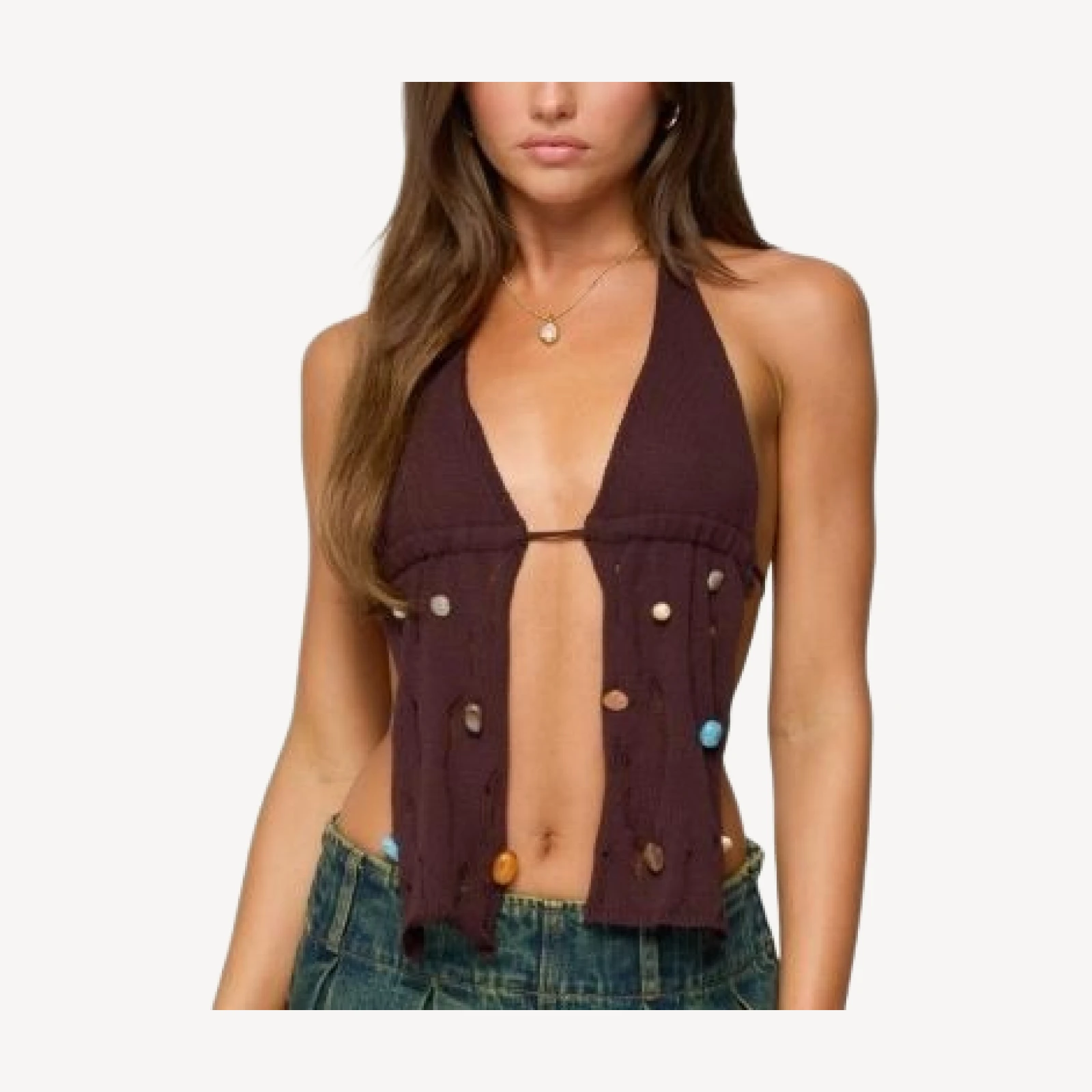 Edikted Beaded Distressed Knit Split Front Top