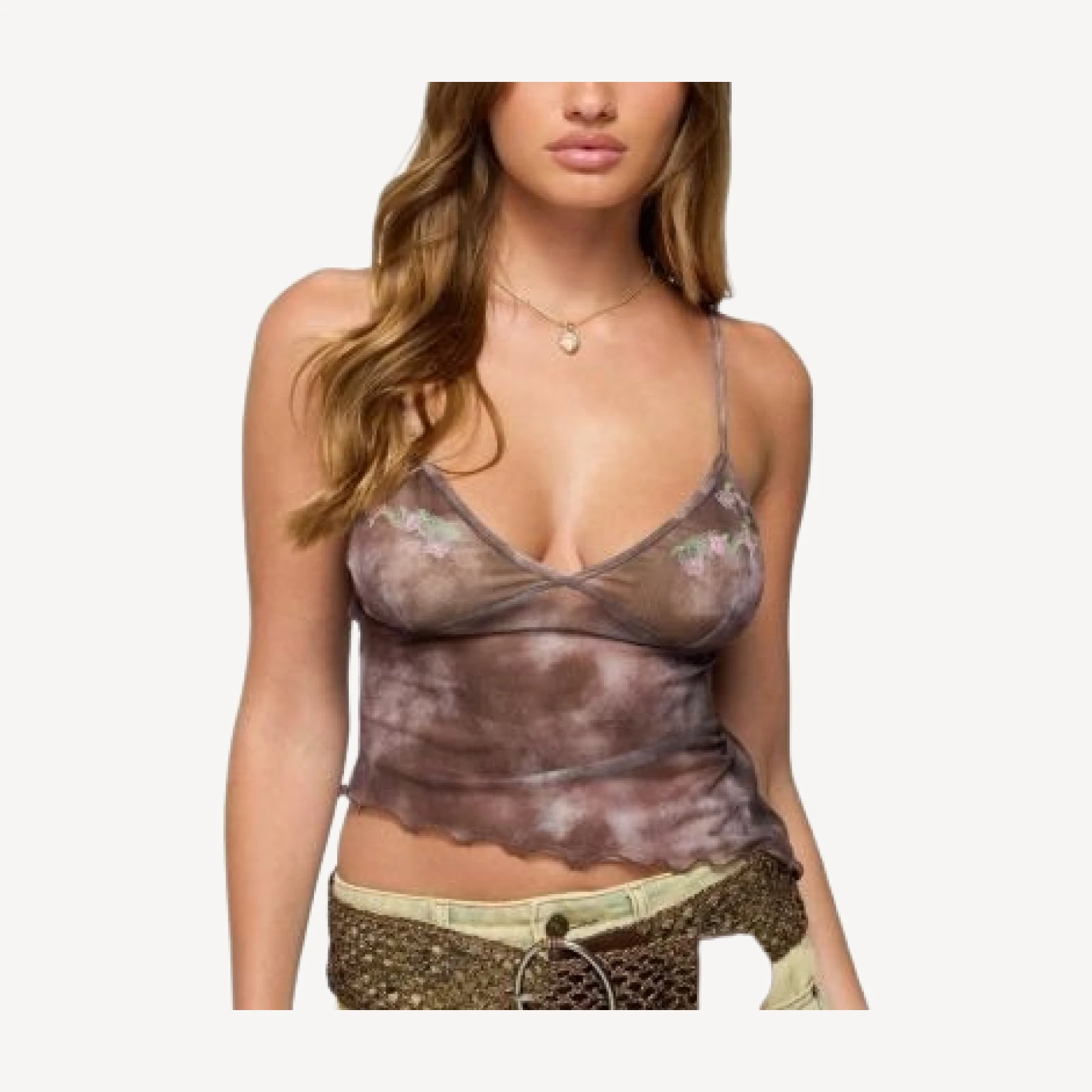 Edikted Embroidered Asymmetric Printed Mesh Top