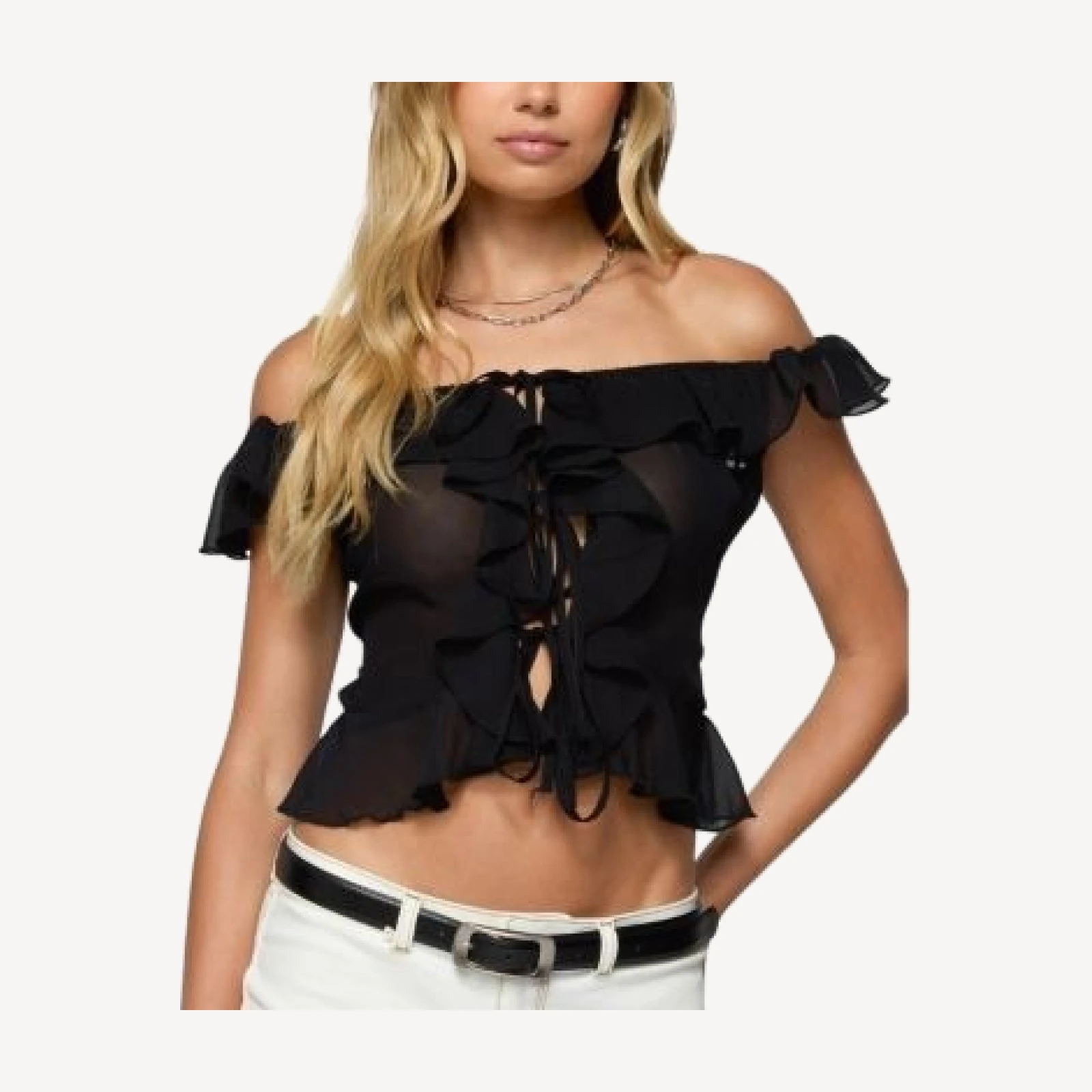 Edikted Sheer Chiffon Ruffled Off Shoulder Top