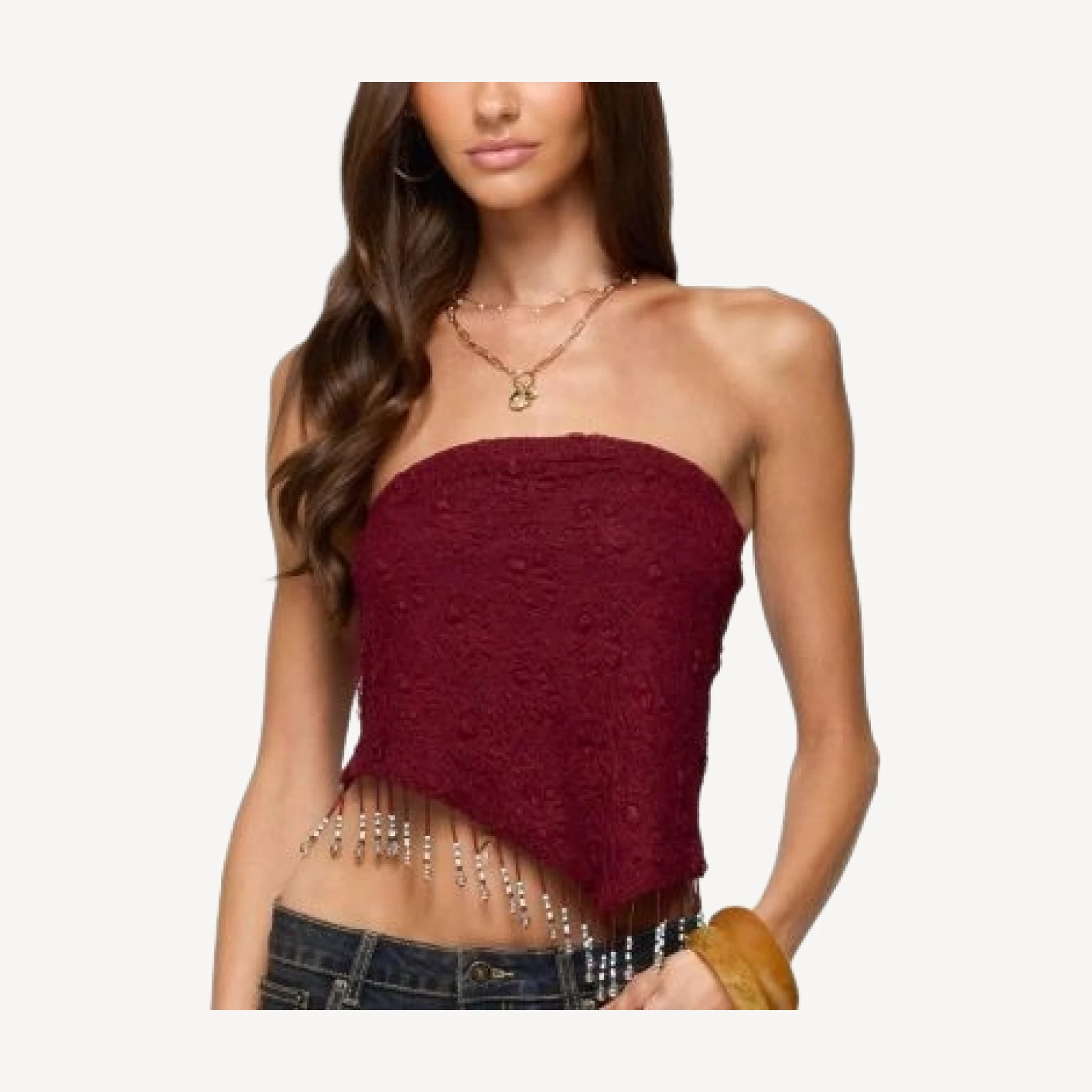 Edikted Textured Asymmetric Bead Fringe Strapless Top