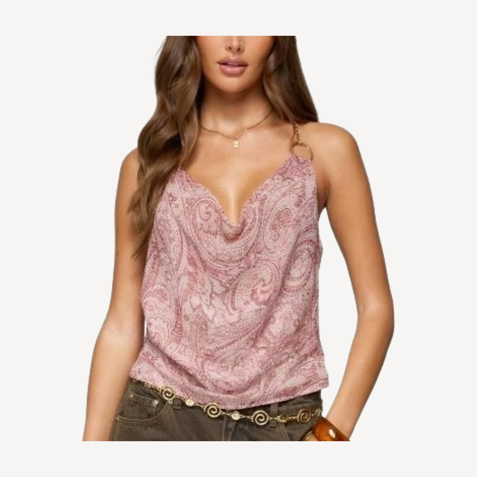 Edikted Printed Halter Chain Cowl Neck Top