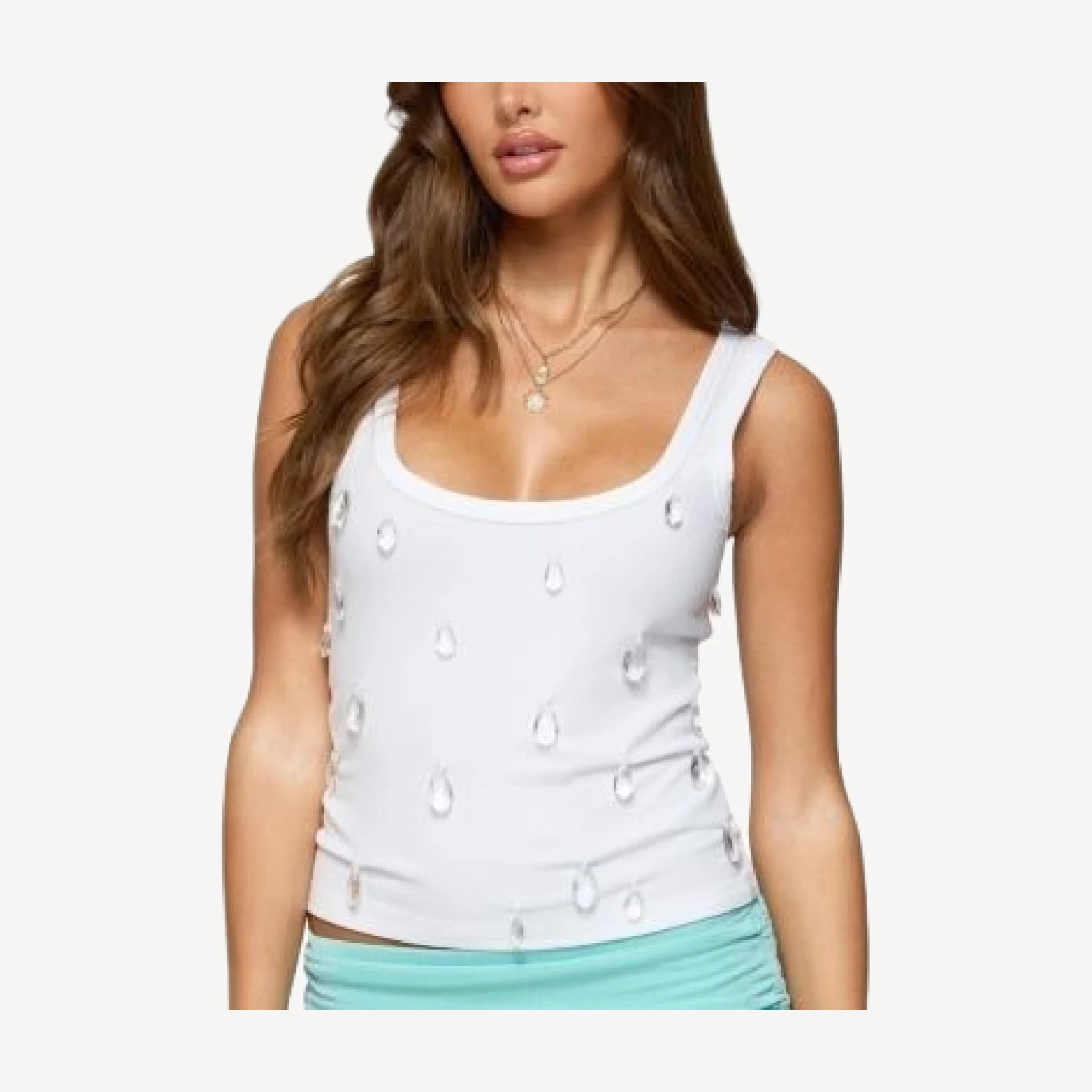 Edikted Zelena Faux Crystal Ribbed Tank Top