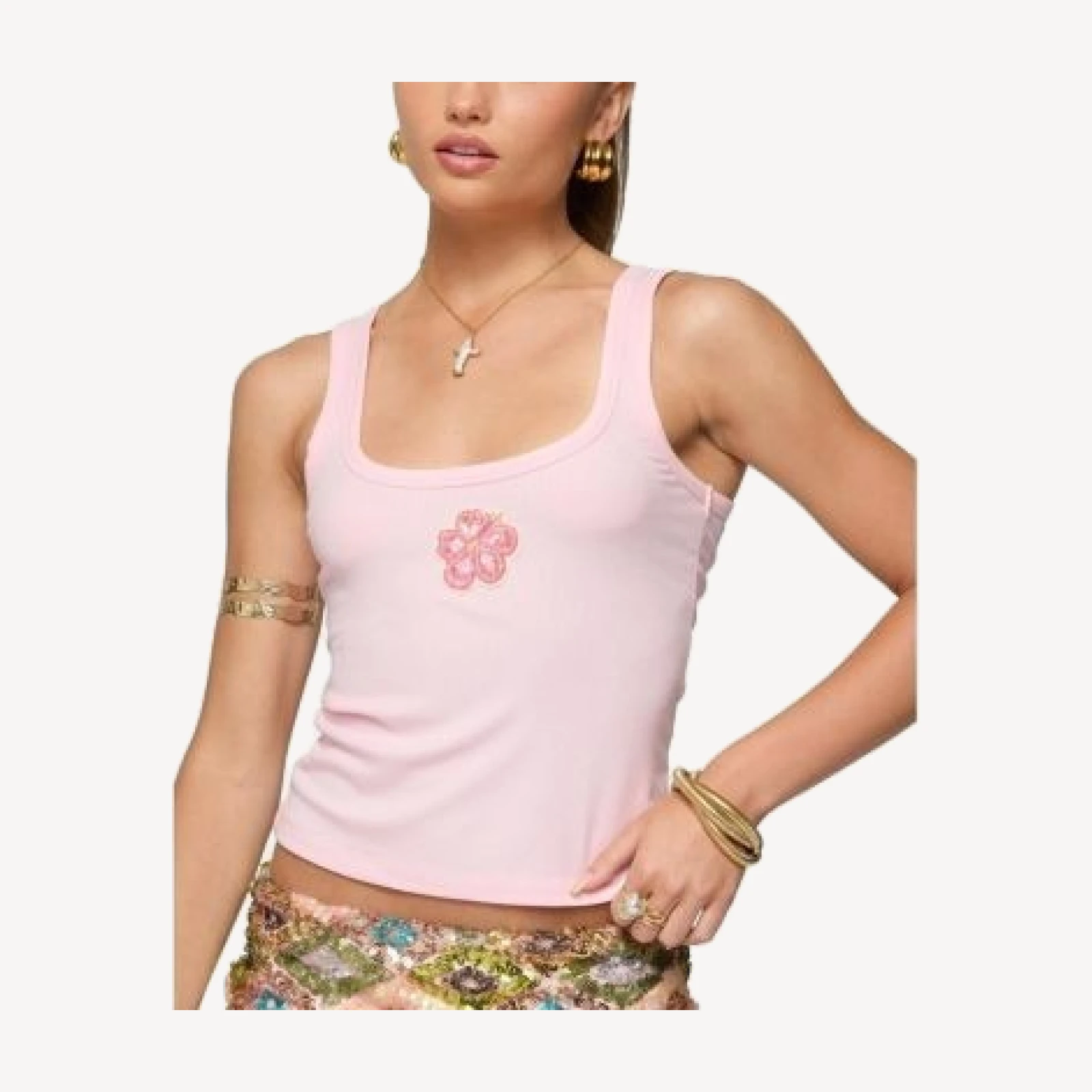 Edikted Steffy Beaded Flower Ribbed Top