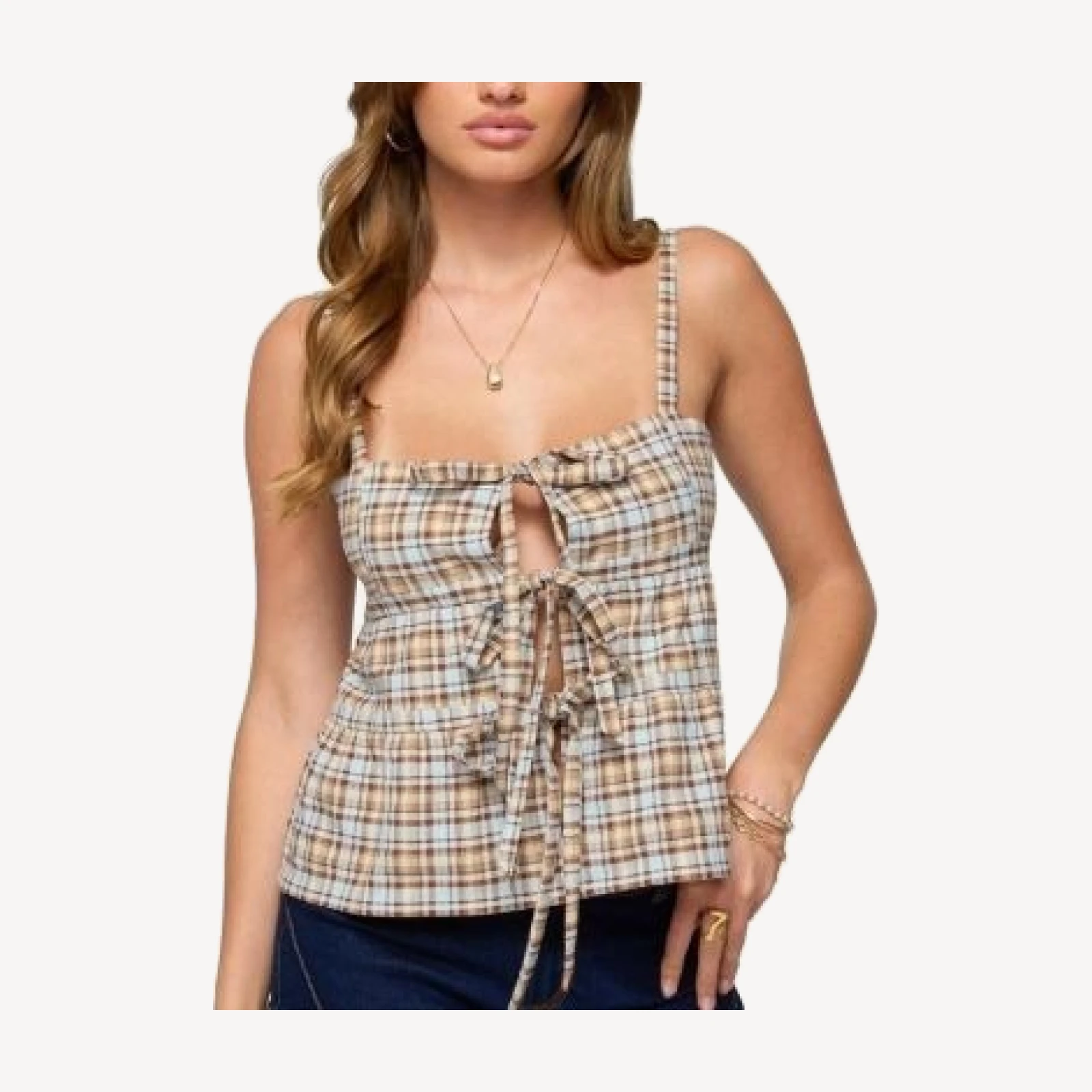 Edikted Mirena Tie Front Plaid Top