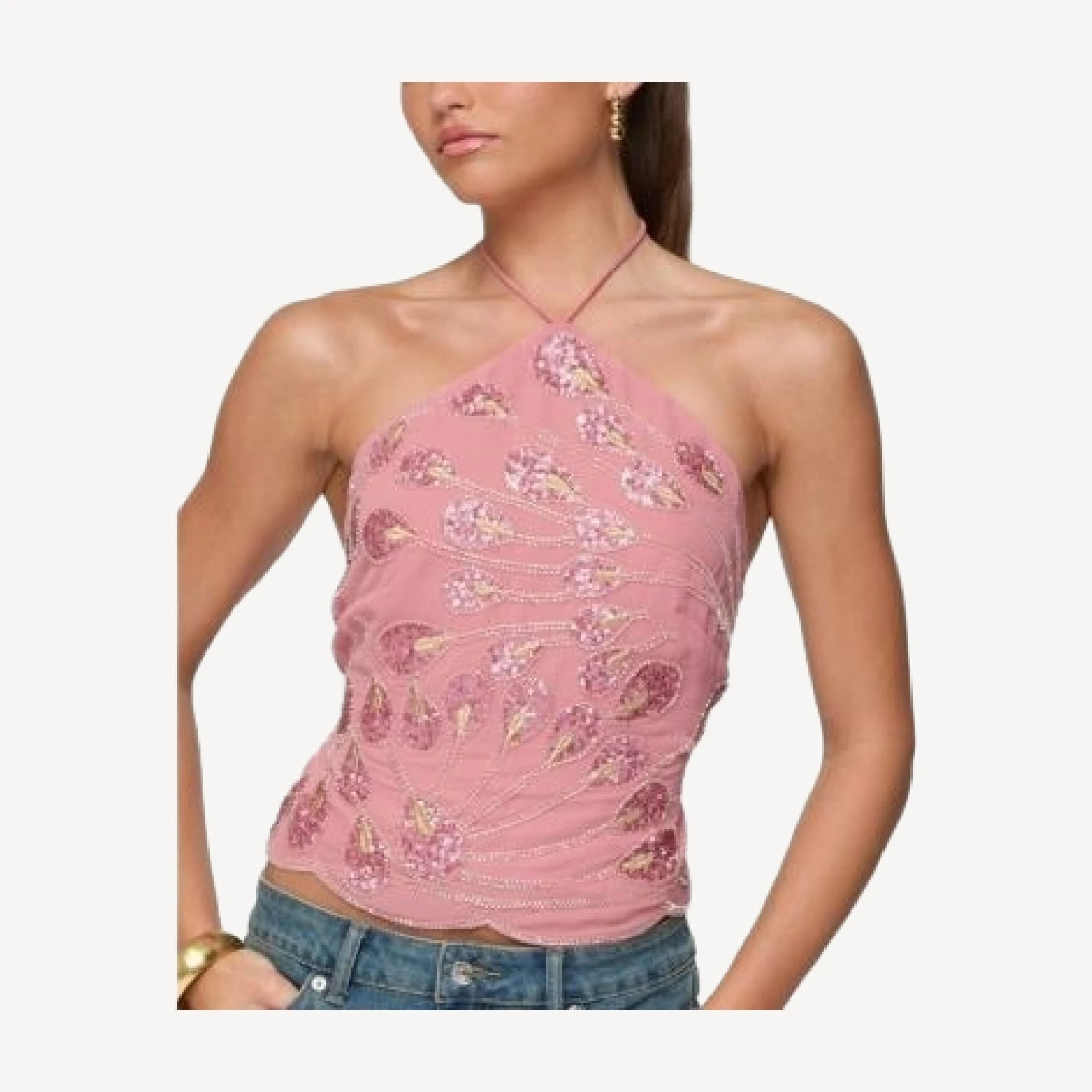 Edikted Embroidered Bead & Sequin Halter Top