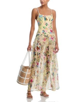 L'Agence Garden Butterflies Sharon Sheer Wide Leg Swim Cover-Up Pants