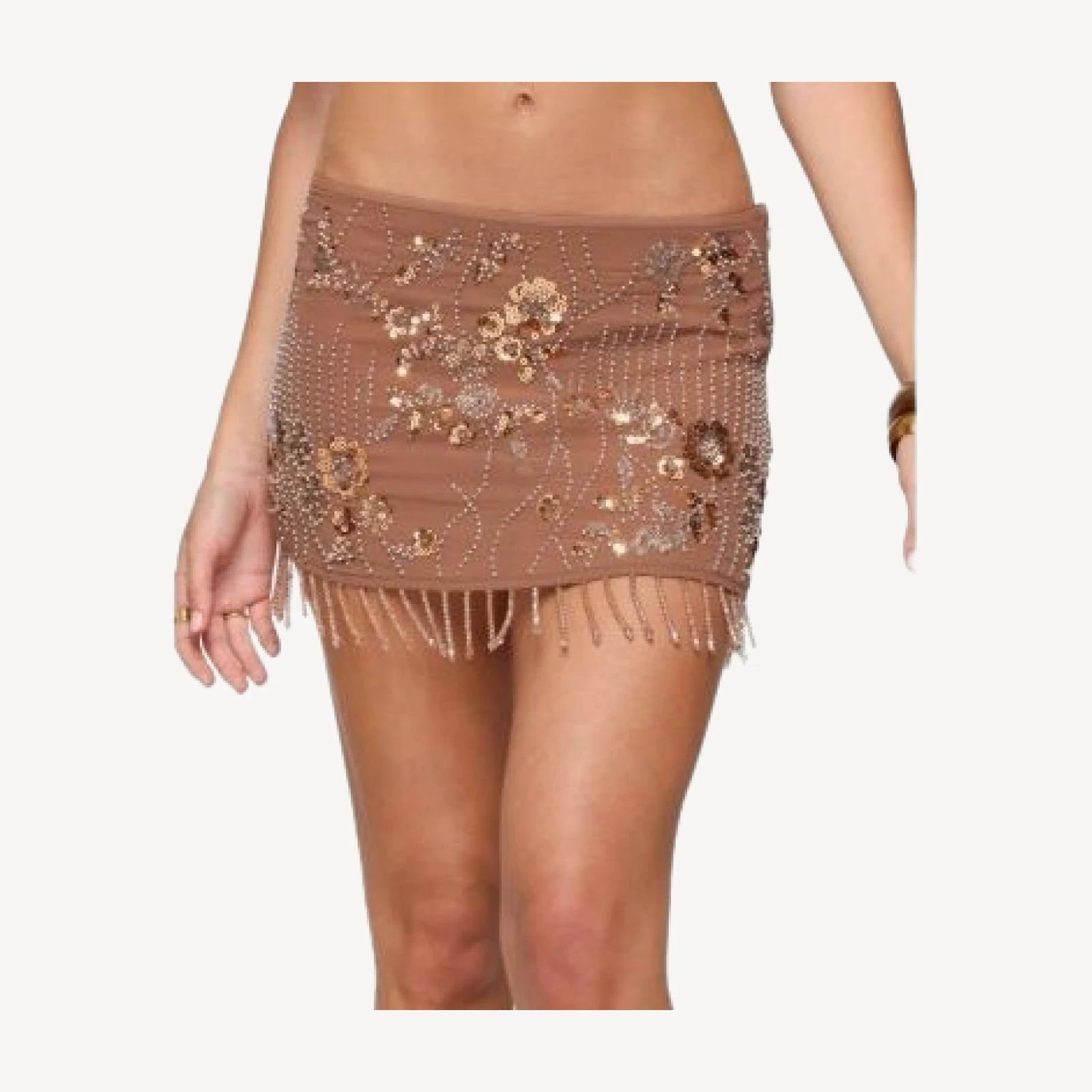 Edikted Sheer Sequin Bead Fringed Mini Skirt