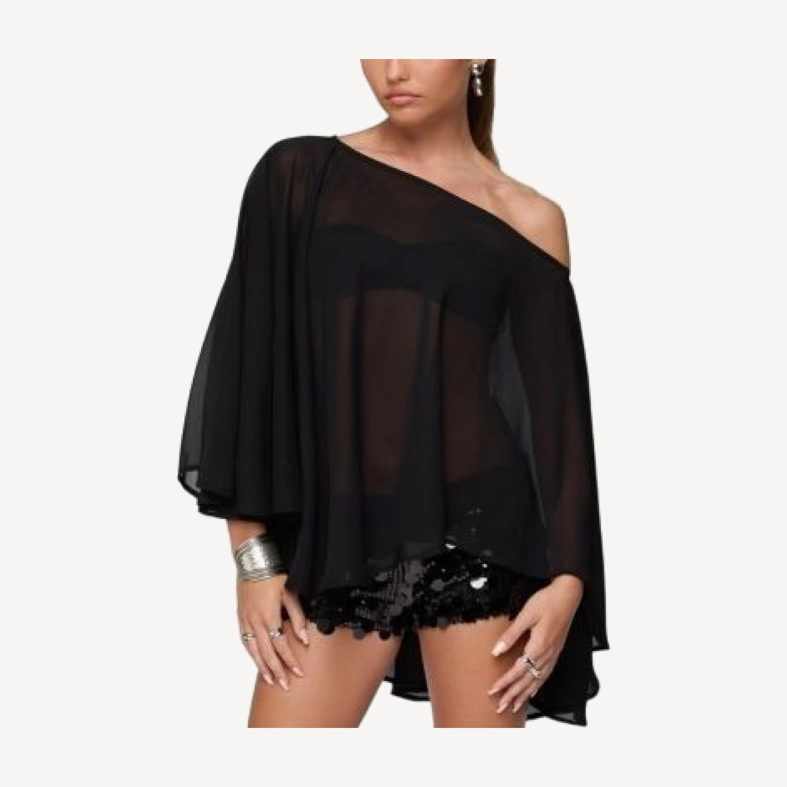 Edikted Sheer Chiffon Asymmetric Poncho