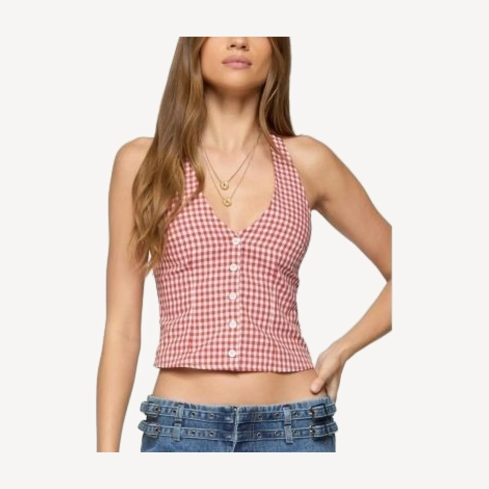 Edikted Evan Gingham Button Up Halter Top