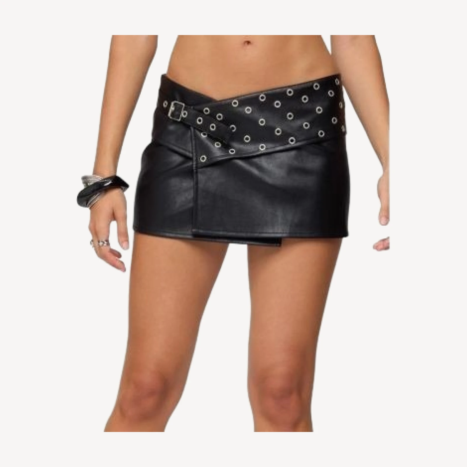 Edikted Crossover Grommet Faux Leather Mini Skirt