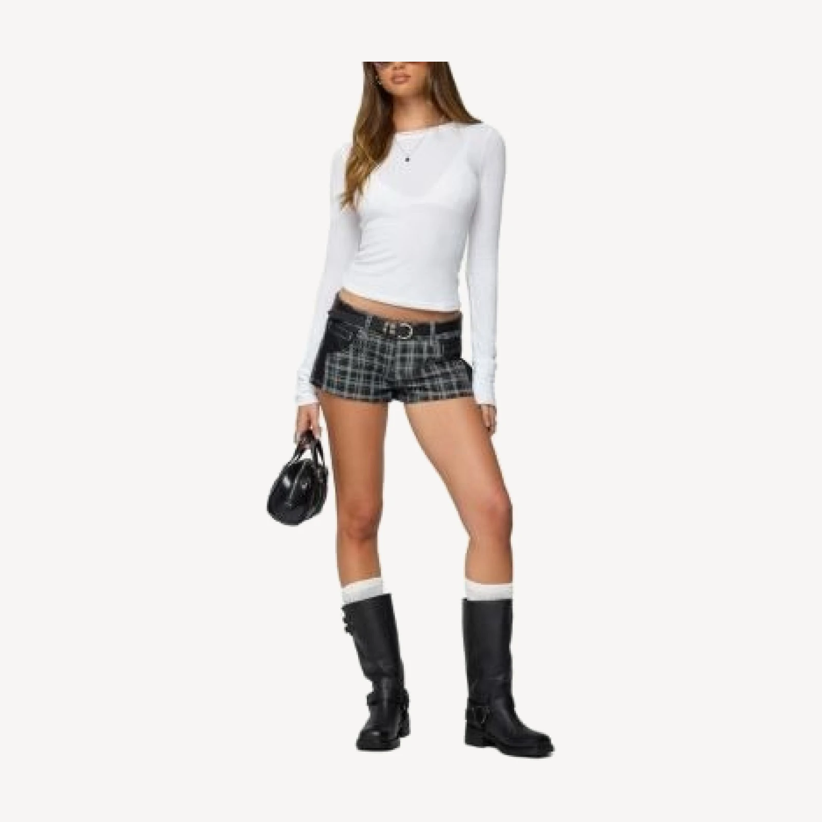 Edikted Carie Plaid Low Rise Denim Shorts