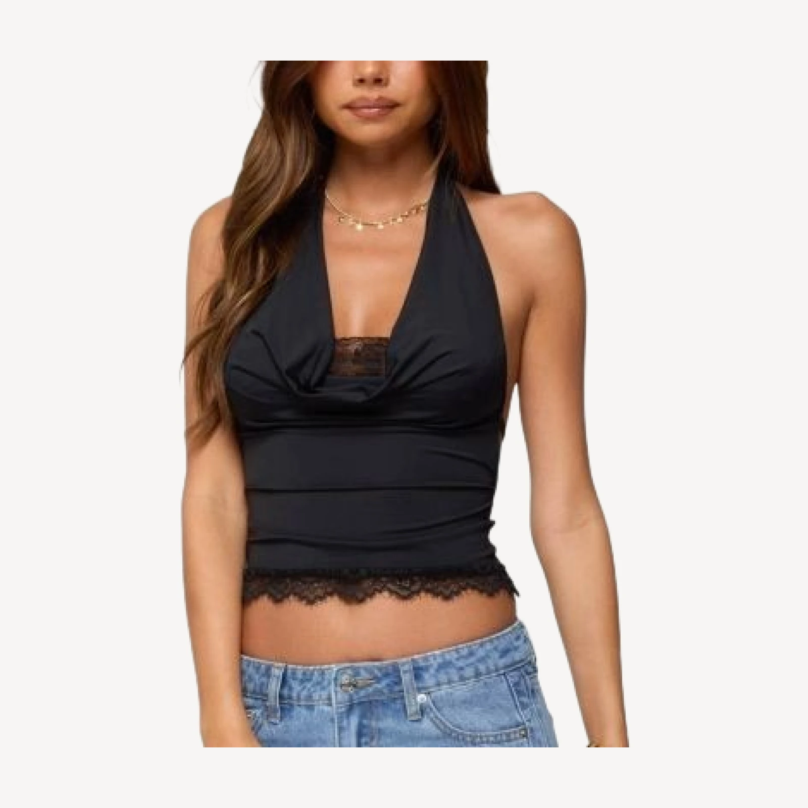 Edikted Layered Lacey Cowl Neck Halter Top
