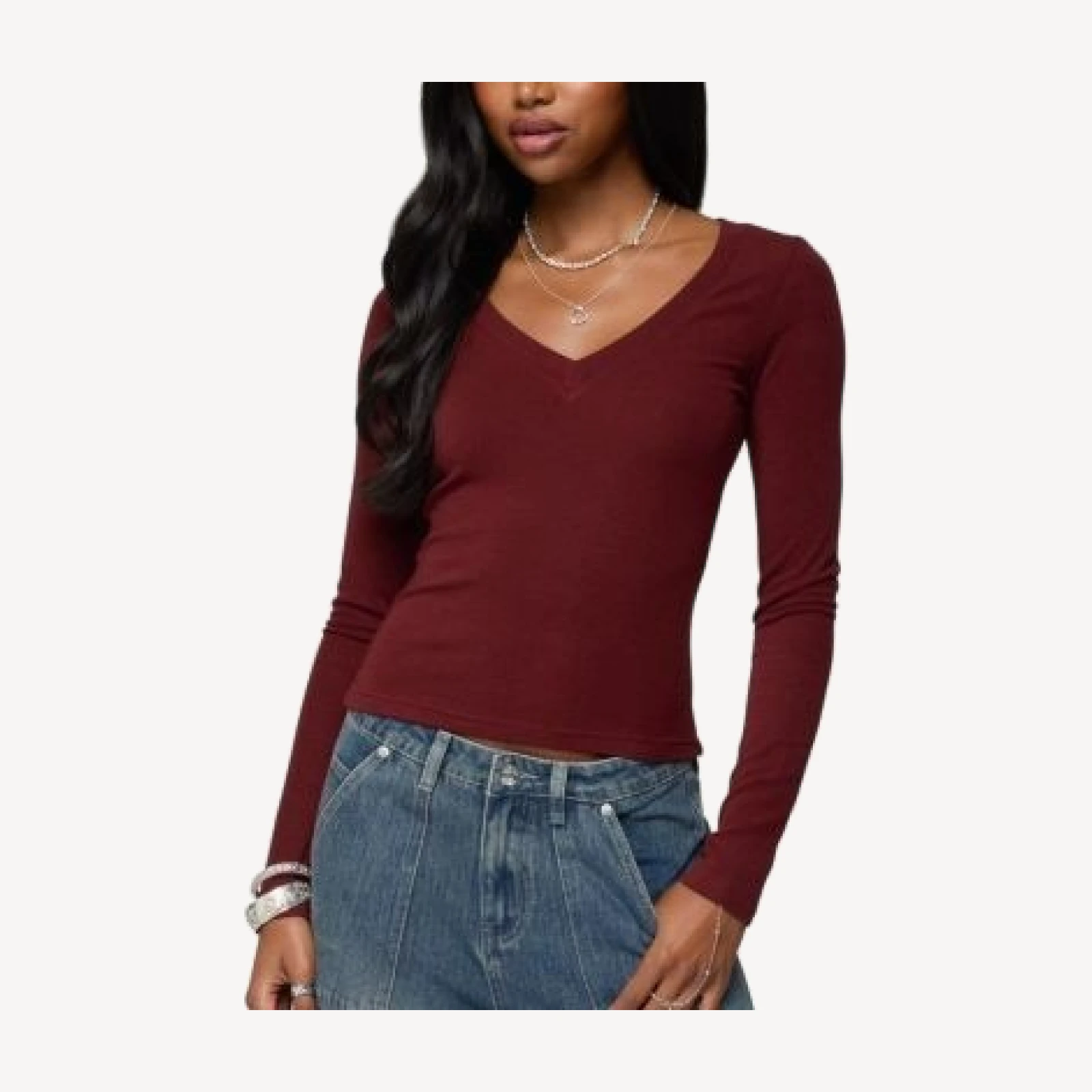Edikted Larna V Neck Ribbed T Shirt
