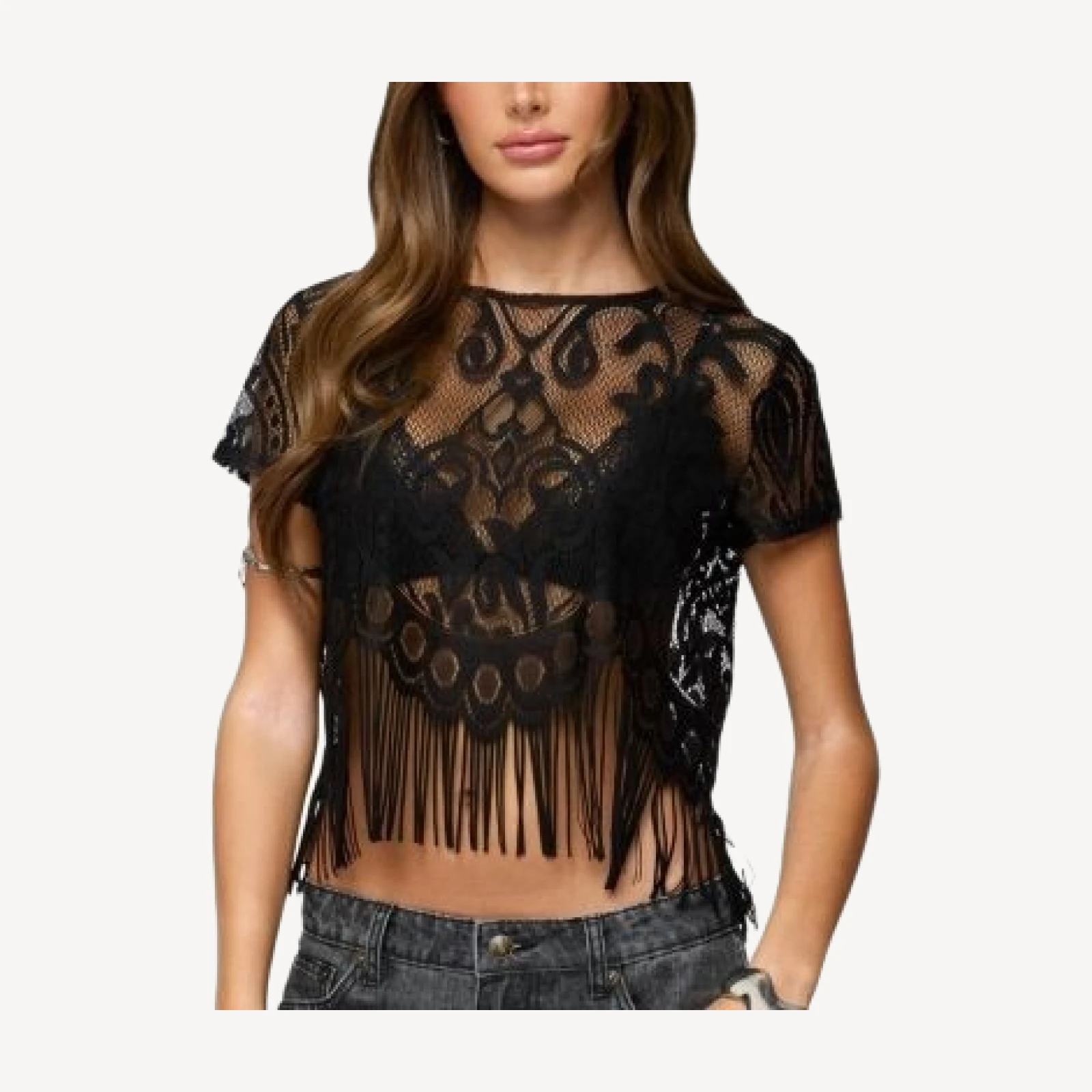 Edikted Kira Sheer Lace Fringe Top