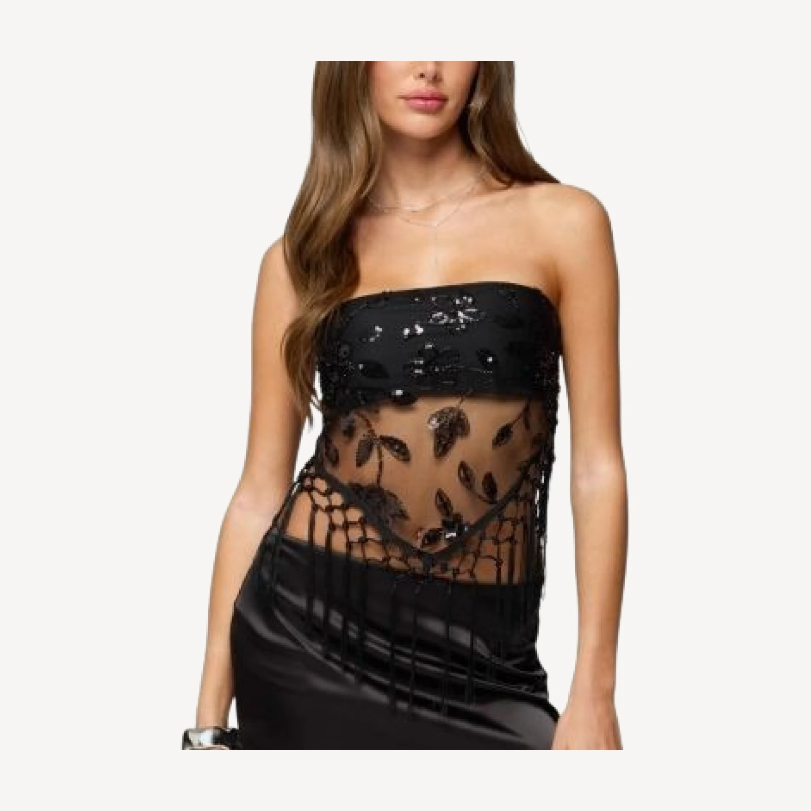 Edikted Sequin Sheer Fringed Strapless Top